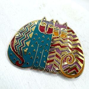 Laurel Burch Vtg “Folkloric Felines” Colorful Enamel Rainbow 2 Cats Brooch Pin
